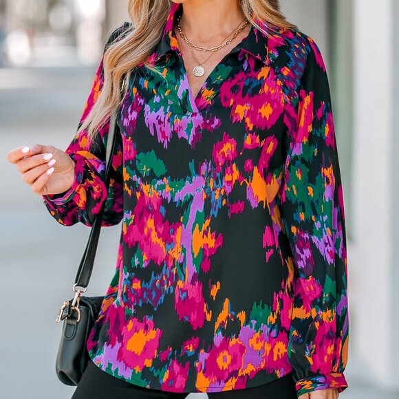 Cupshe Watercolor Print V-Neck Top | Multicolor | Size XS | - Picture 3 of 3